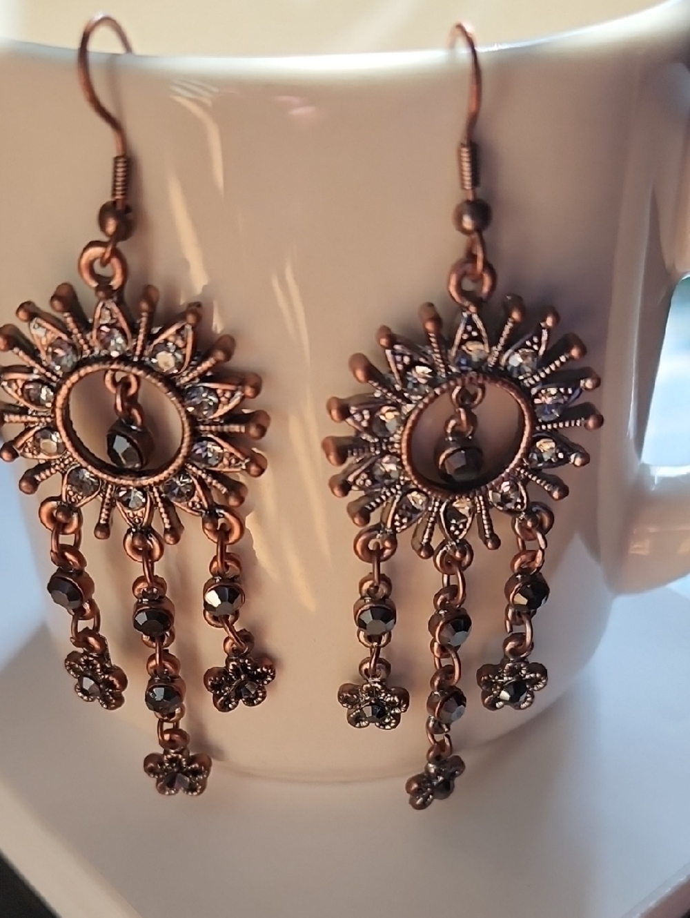 Boho Sunburst Drop Earrings in Copper 3" L - Picture 3 of 5